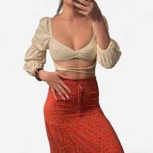 Beige Botany Off White Cottage/Fairy Core Long Sleeve Crop Top